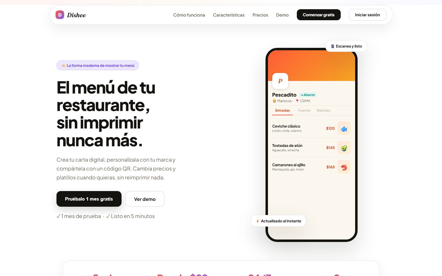 Captura de la página de Dishee, mostrando el menú digital de un restaurante de ejemplo