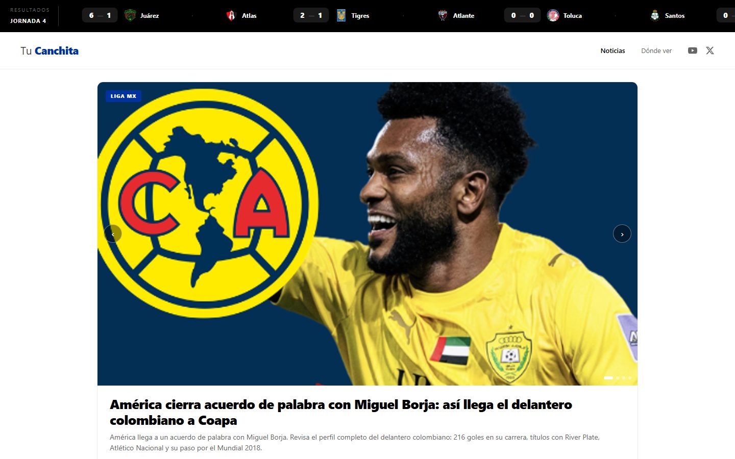 Captura de TuCanchita, mostrando resultados en vivo y noticias de fútbol